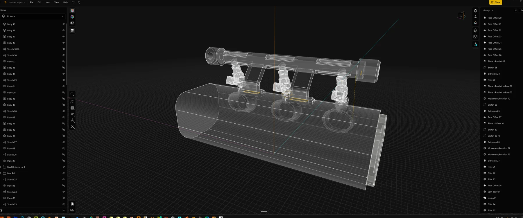 Mechanical assembly shown as transparent CAD geometry